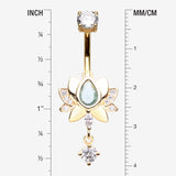 Detail View 1 of Golden Glistening Lotus Sparkle Dangle Belly Button Ring-Clear Gem/Aqua