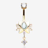 Golden Glistening Lotus Sparkle Dangle Belly Button Ring-Clear Gem/Aqua