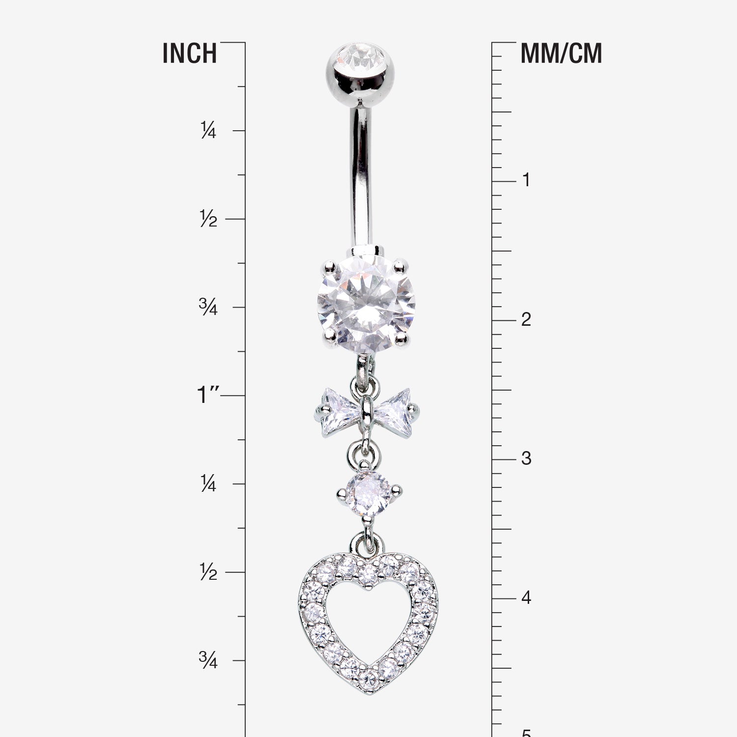 Detail View 1 of Grand Heart Bow-Tie Gem Sparkle Dangle Belly Button Ring-Clear Gem