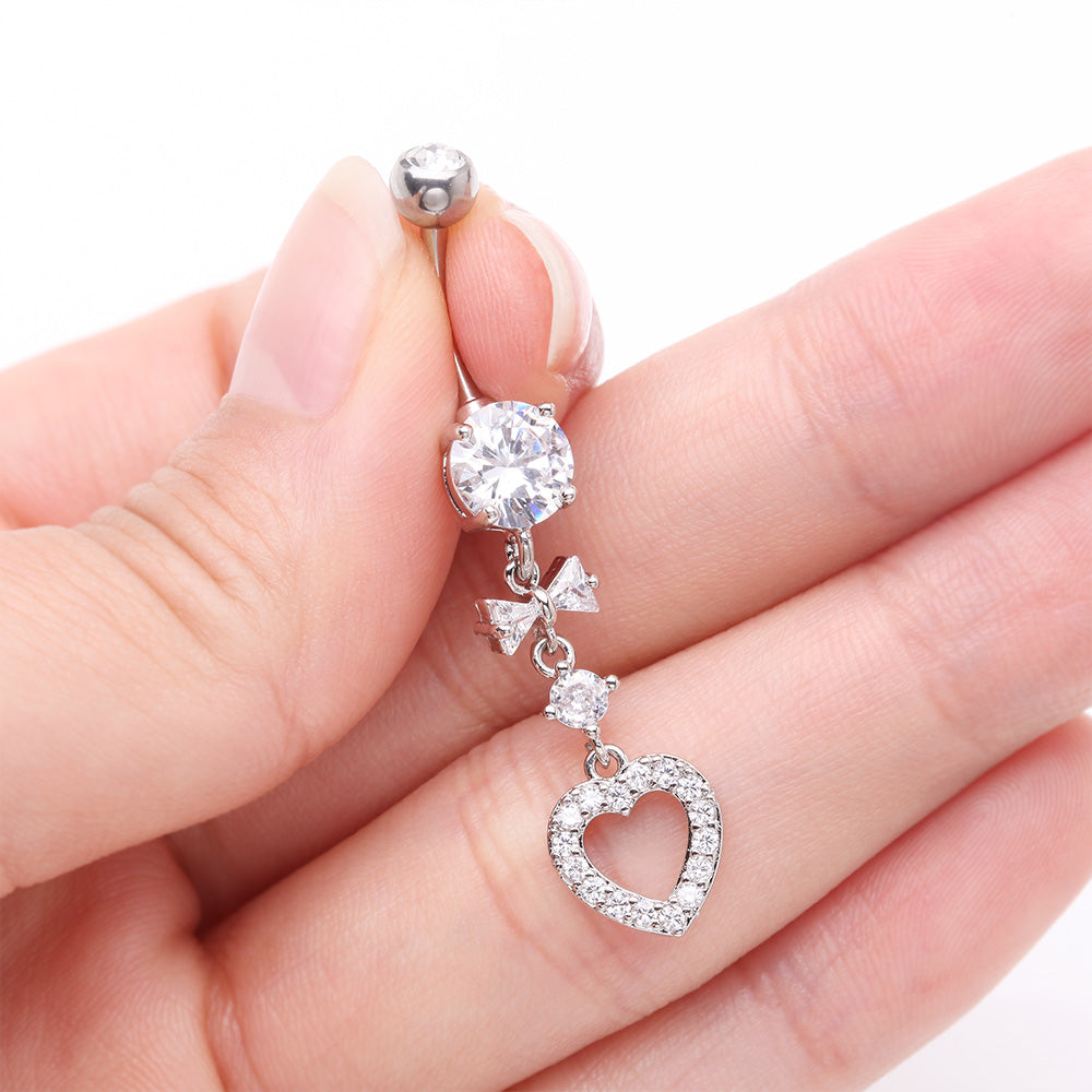Detail View 3 of Grand Heart Bow-Tie Gem Sparkle Dangle Belly Button Ring-Clear Gem