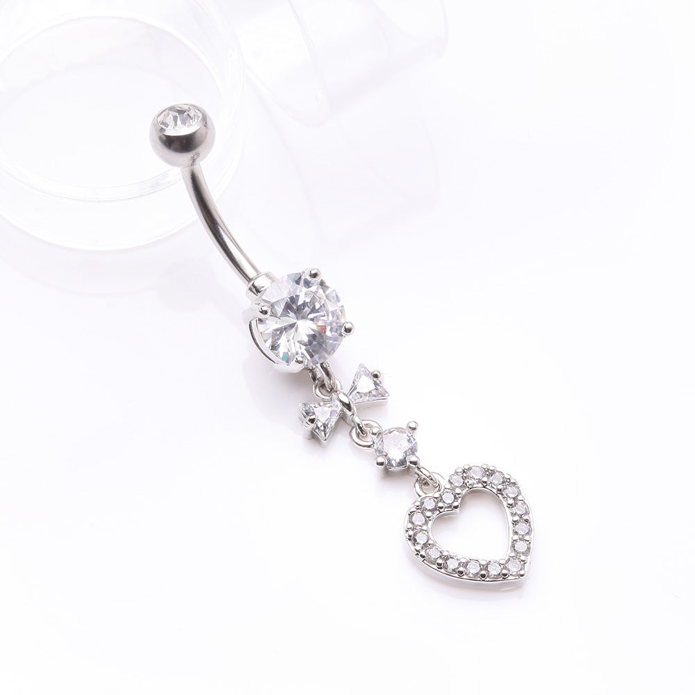Detail View 2 of Grand Heart Bow-Tie Gem Sparkle Dangle Belly Button Ring-Clear Gem