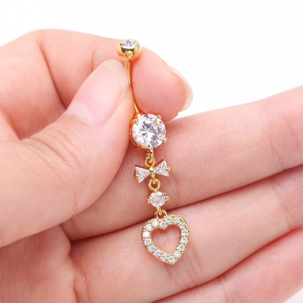 Detail View 3 of Golden Grand Heart Bow-Tie Gem Sparkle Dangle Belly Button Ring-Clear Gem