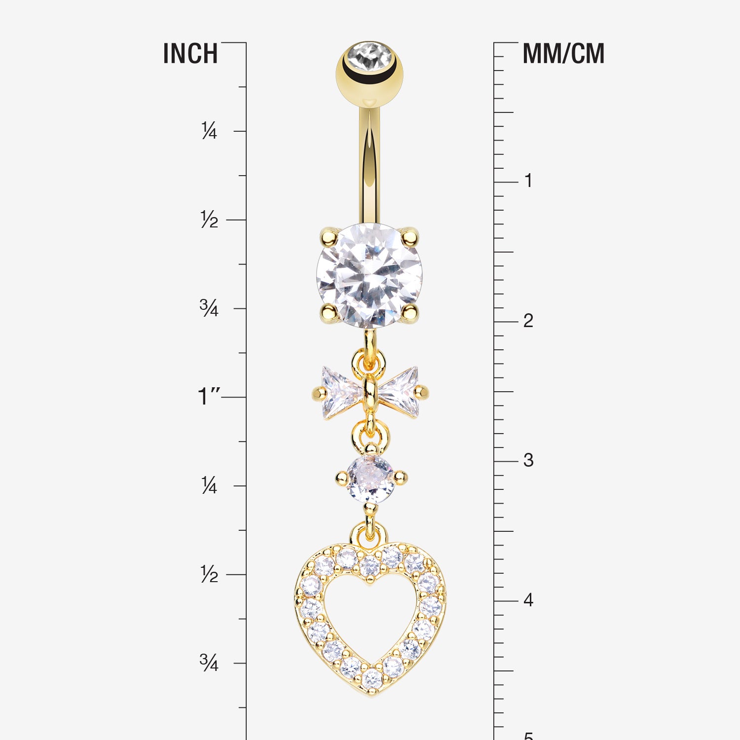 Detail View 1 of Golden Grand Heart Bow-Tie Gem Sparkle Dangle Belly Button Ring-Clear Gem