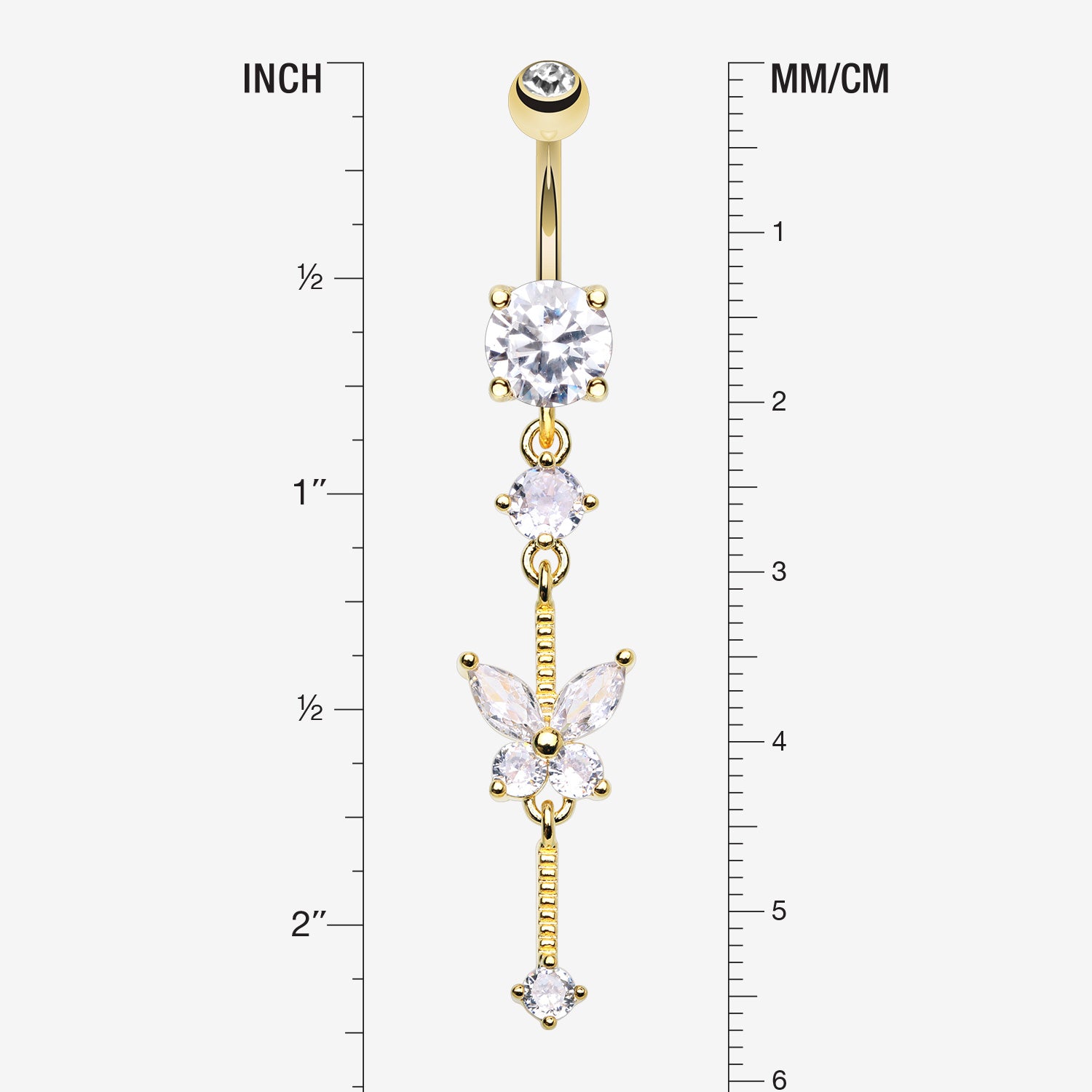 Detail View 1 of Golden Marquise Butterfly Gem Sparkle Dangle Elegance Belly Button Ring-Clear Gem
