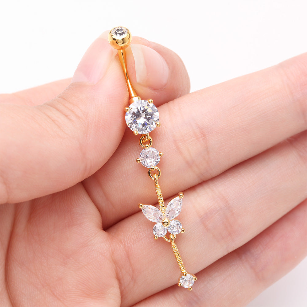 Detail View 3 of Golden Marquise Butterfly Gem Sparkle Dangle Elegance Belly Button Ring-Clear Gem
