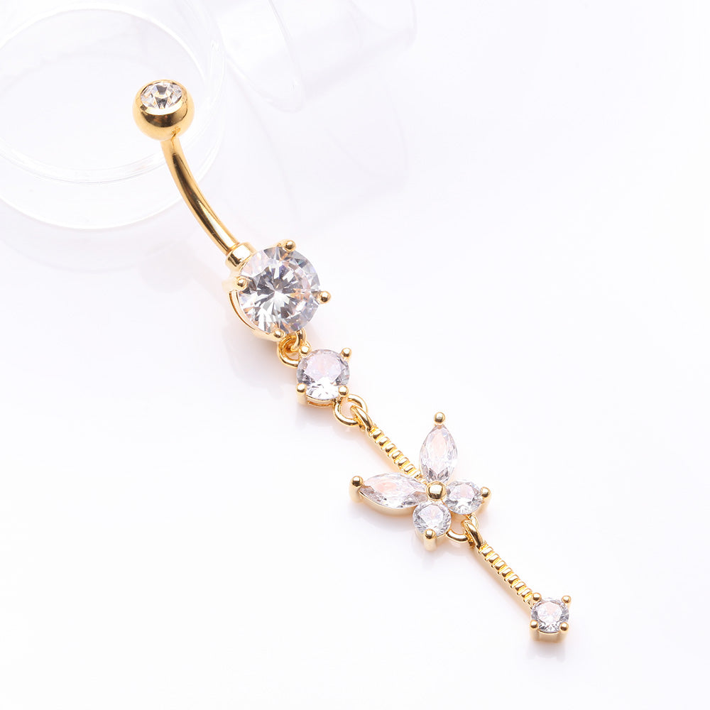 Detail View 2 of Golden Marquise Butterfly Gem Sparkle Dangle Elegance Belly Button Ring-Clear Gem