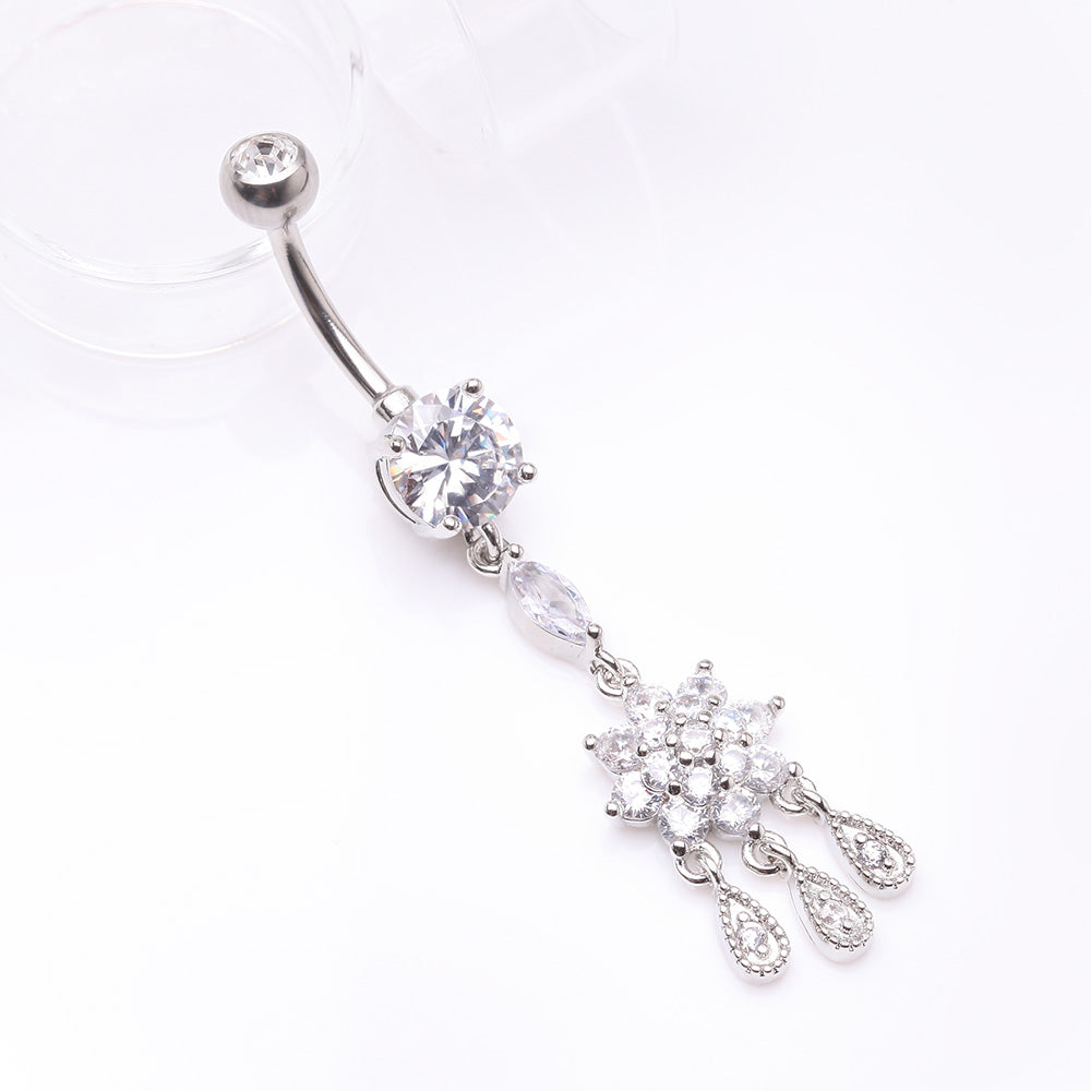 Detail View 2 of Mandala Flower Sparkle Teardrop Dangle Belly Button Ring-Clear Gem