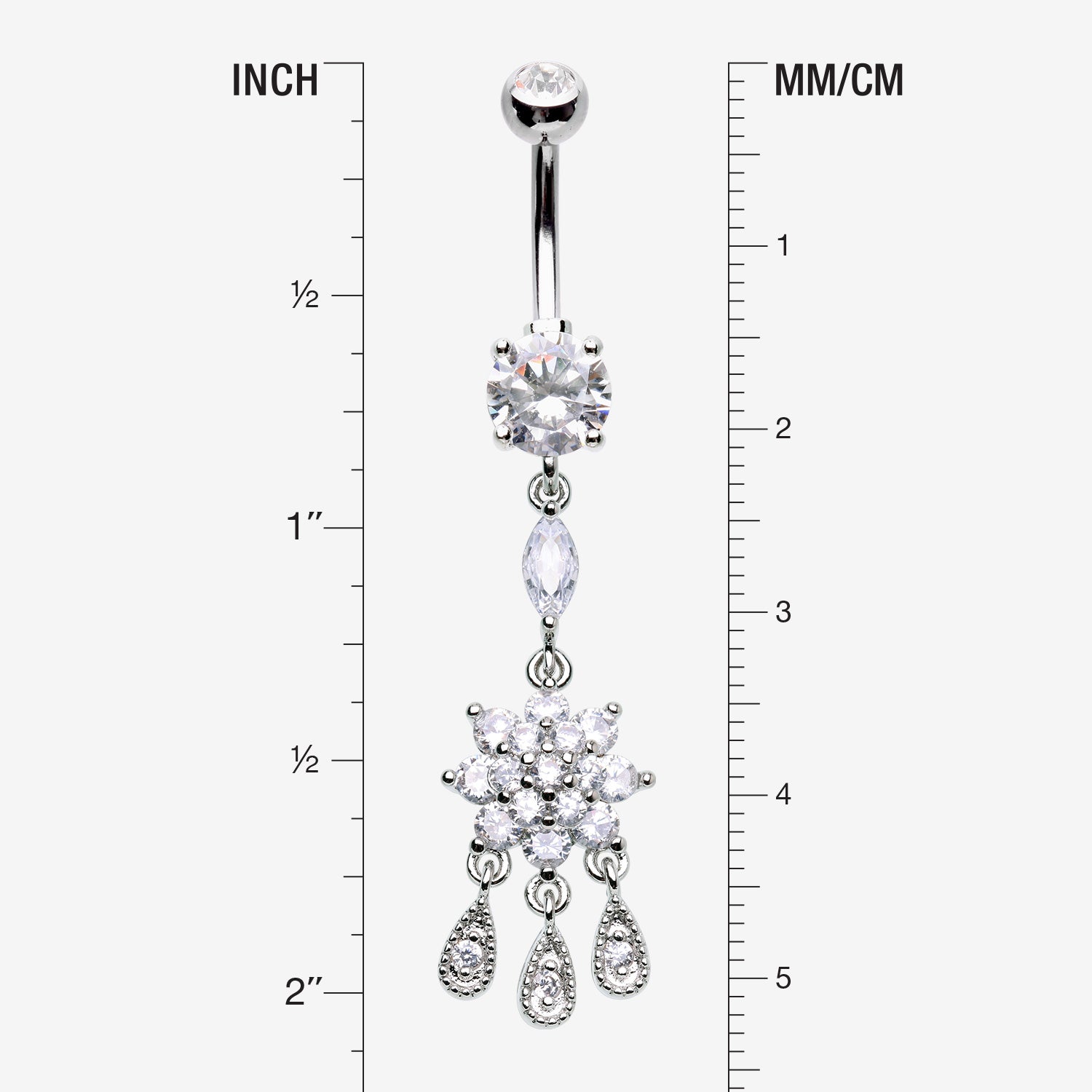 Detail View 1 of Mandala Flower Sparkle Teardrop Dangle Belly Button Ring-Clear Gem