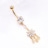 Detail View 2 of Golden Mandala Flower Sparkle Teardrop Dangle Belly Button Ring-Clear Gem