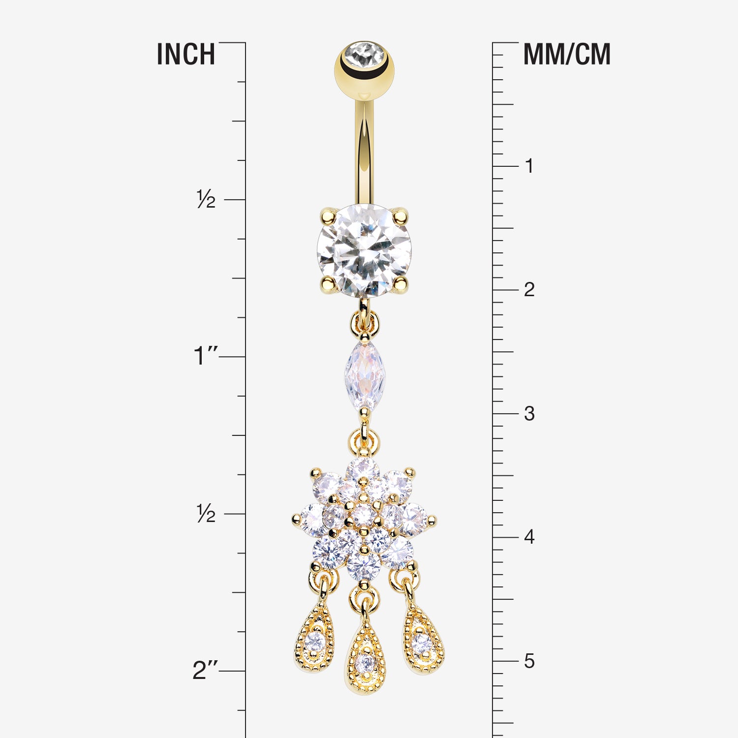 Detail View 1 of Golden Mandala Flower Sparkle Teardrop Dangle Belly Button Ring-Clear Gem