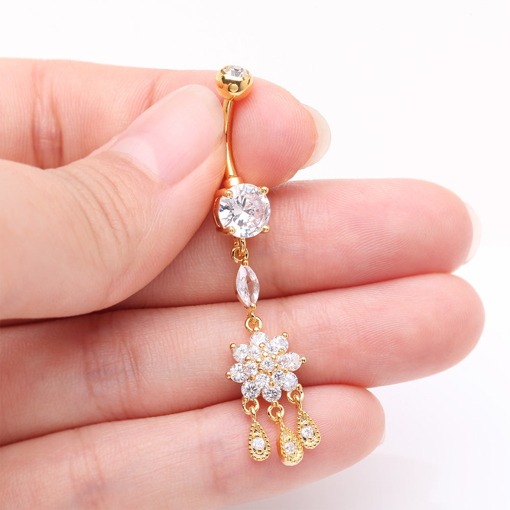 Detail View 3 of Golden Mandala Flower Sparkle Teardrop Dangle Belly Button Ring-Clear Gem