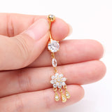 Detail View 3 of Golden Mandala Flower Sparkle Teardrop Dangle Belly Button Ring-Clear Gem