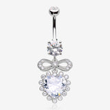 Bubbly Heart Sparkle Bow-Tie Dangle Belly Button Ring-Clear Gem