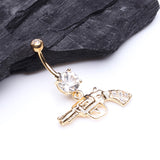 Detail View 2 of Golden Pistol Gun Sparkle Belly Ring-Clear Gem