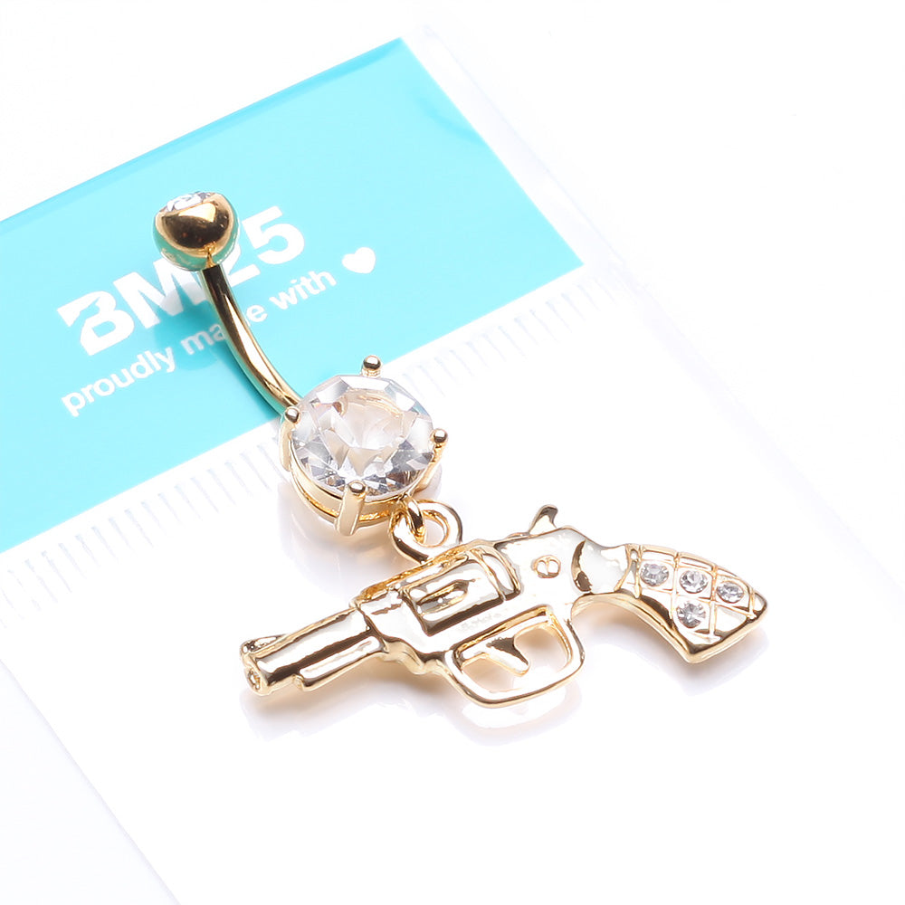 Detail View 4 of Golden Pistol Gun Sparkle Belly Ring-Clear Gem