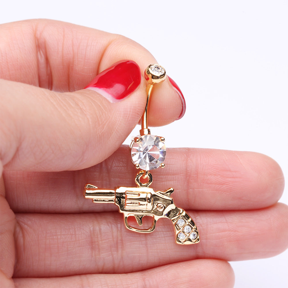 Detail View 3 of Golden Pistol Gun Sparkle Belly Ring-Clear Gem