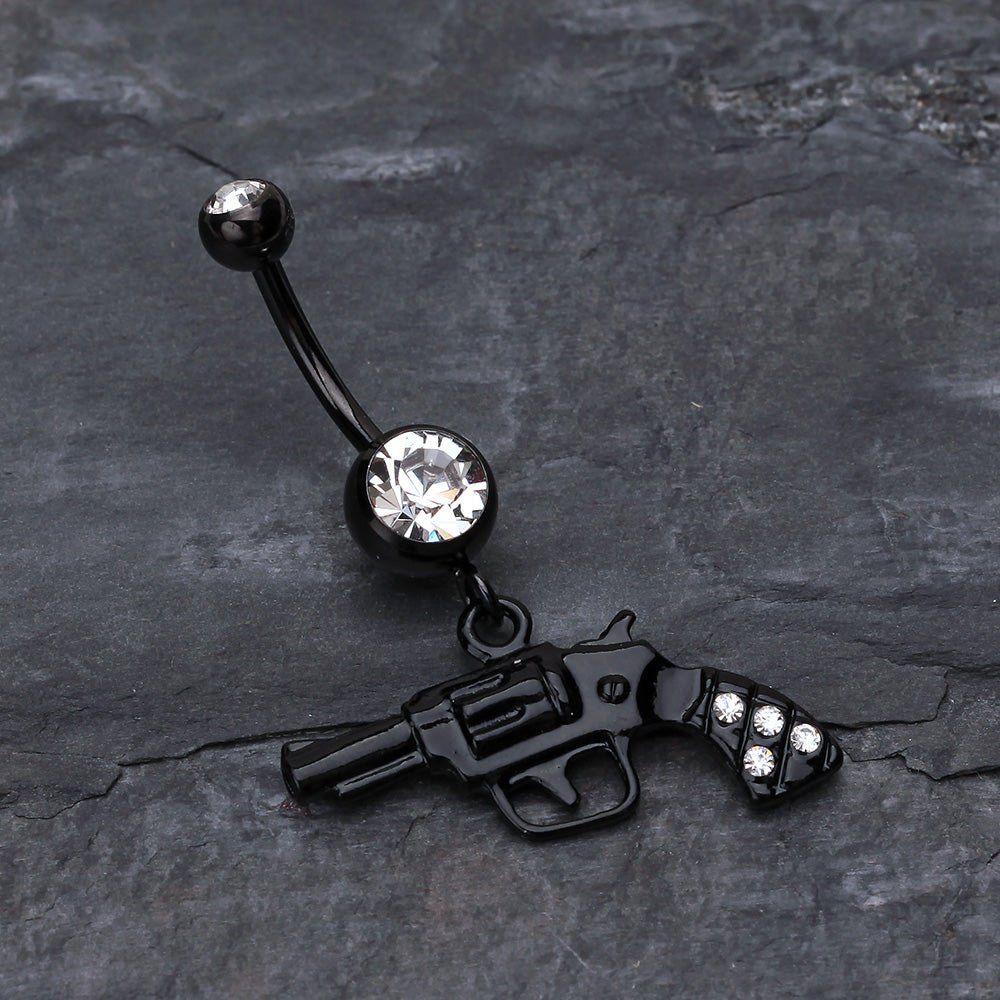 Detail View 2 of Blackline Pistol Gun Sparkle Belly Ring-Clear Gem