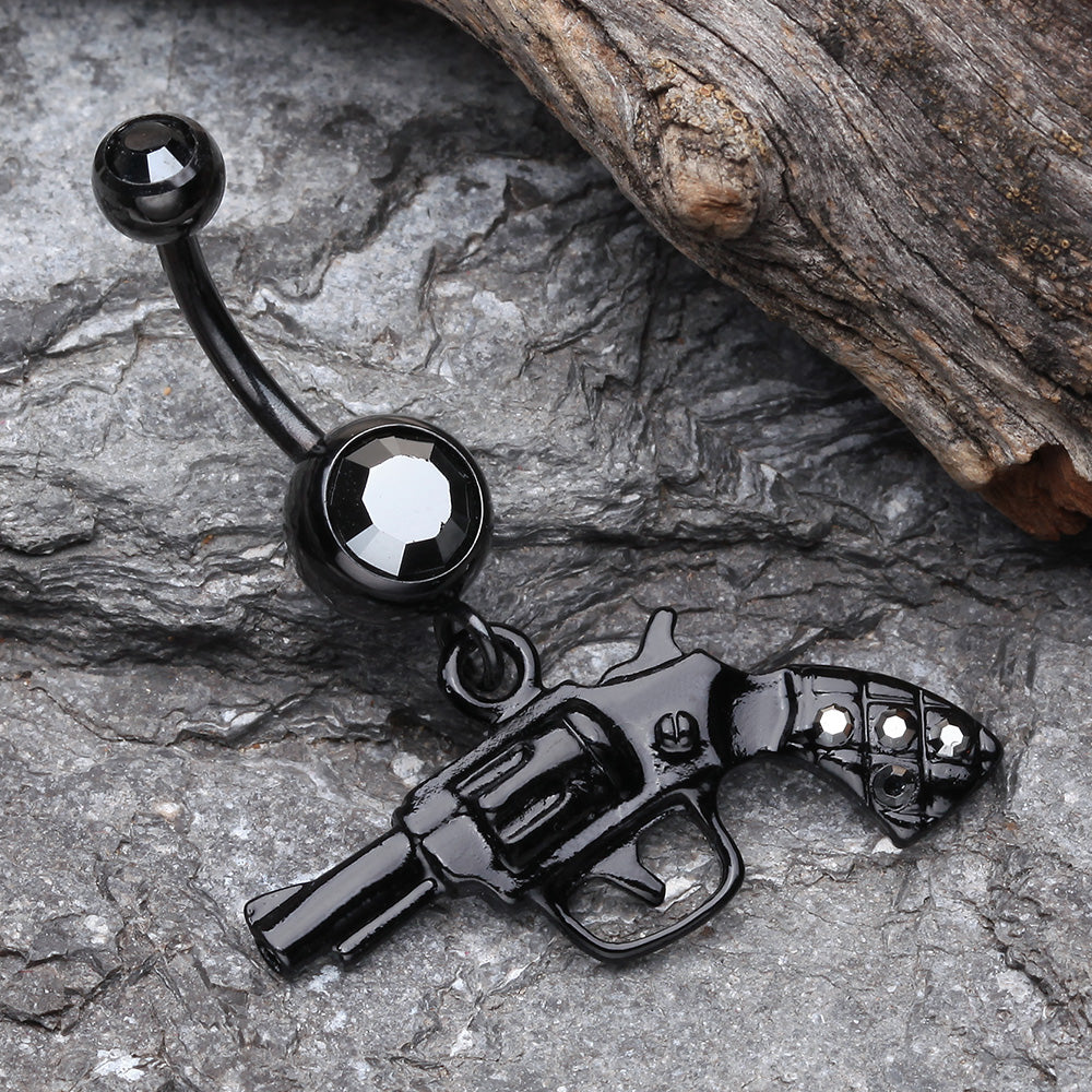 Detail View 2 of Blackline Pistol Gun Sparkle Belly Ring-Black/Hematite