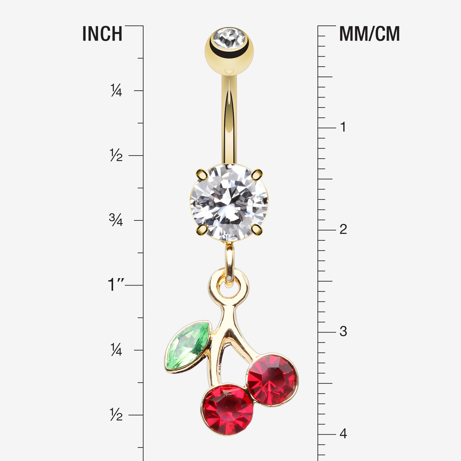 Detail View 1 of Golden Lucky Cherry Sparkle Belly Button Ring-Clear Gem/Red