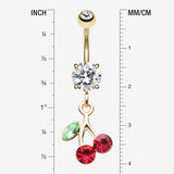 Detail View 1 of Golden Lucky Cherry Sparkle Belly Button Ring-Clear Gem/Red
