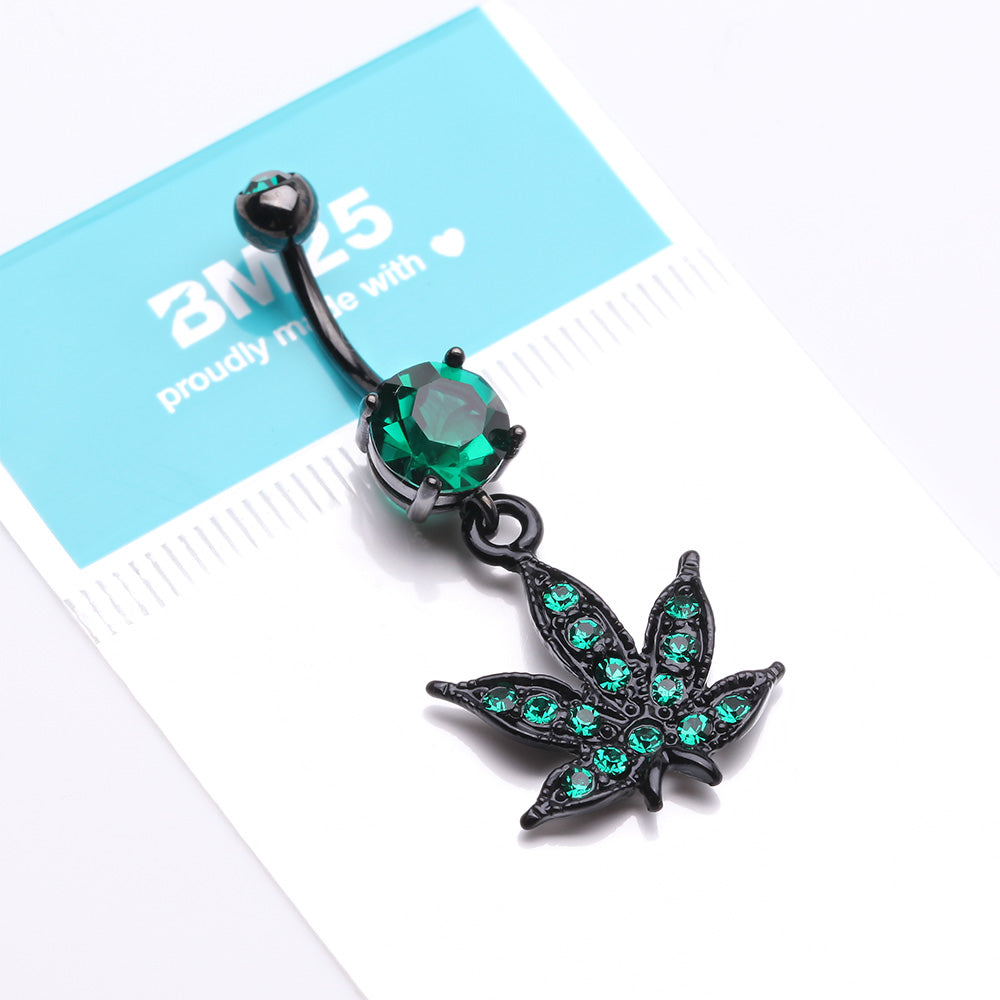 Detail View 4 of Blackline Marijuana Leaf Sparkle Belly Button Ring-Green