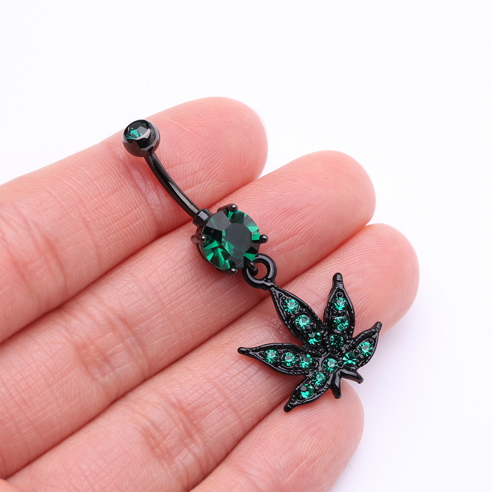 Detail View 3 of Blackline Marijuana Leaf Sparkle Belly Button Ring-Green