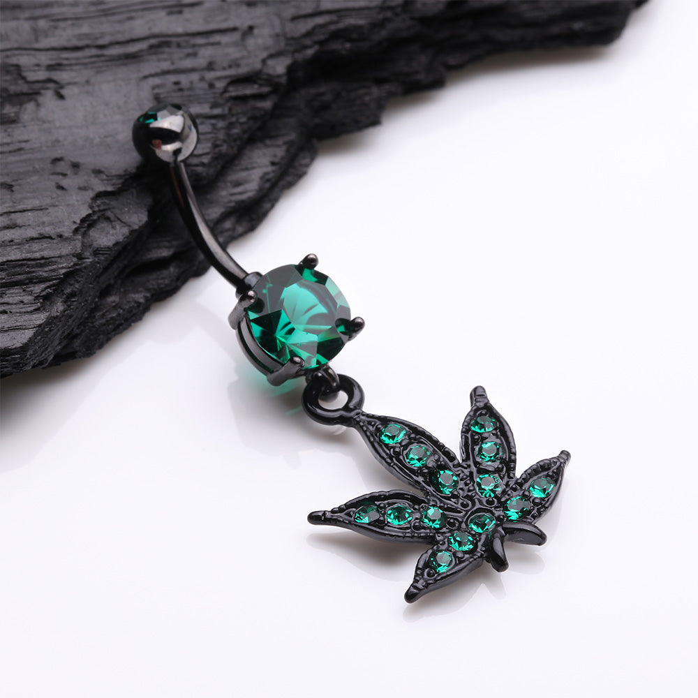 Detail View 2 of Blackline Marijuana Leaf Sparkle Belly Button Ring-Green