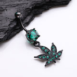 Detail View 2 of Blackline Marijuana Leaf Sparkle Belly Button Ring-Green