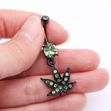 Detail View 3 of Blackline Marijuana Leaf Sparkle Belly Button Ring-Light Green