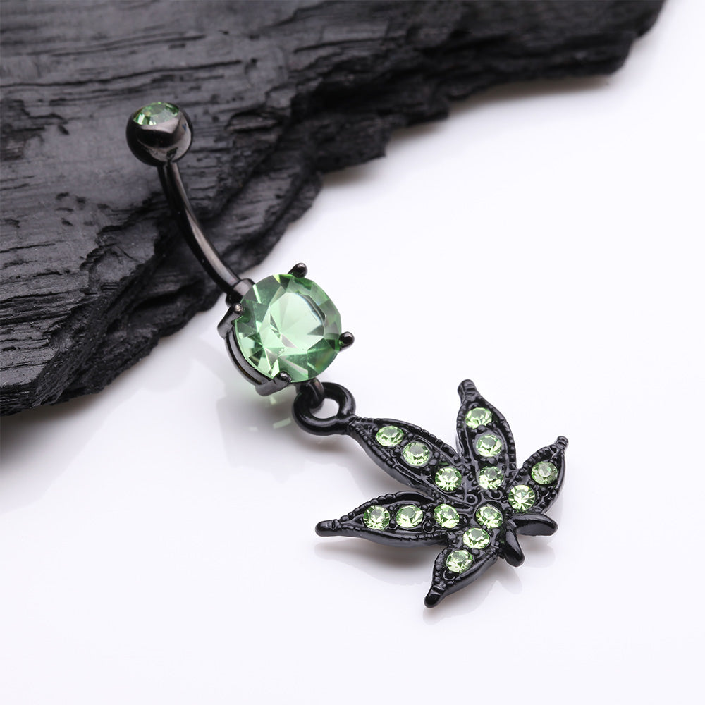 Detail View 2 of Blackline Marijuana Leaf Sparkle Belly Button Ring-Light Green