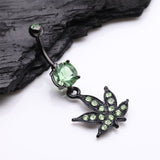Detail View 2 of Blackline Marijuana Leaf Sparkle Belly Button Ring-Light Green