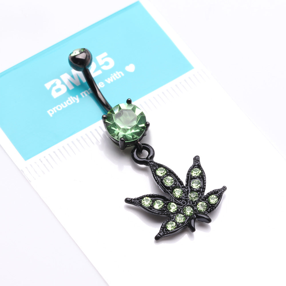 Detail View 4 of Blackline Marijuana Leaf Sparkle Belly Button Ring-Light Green