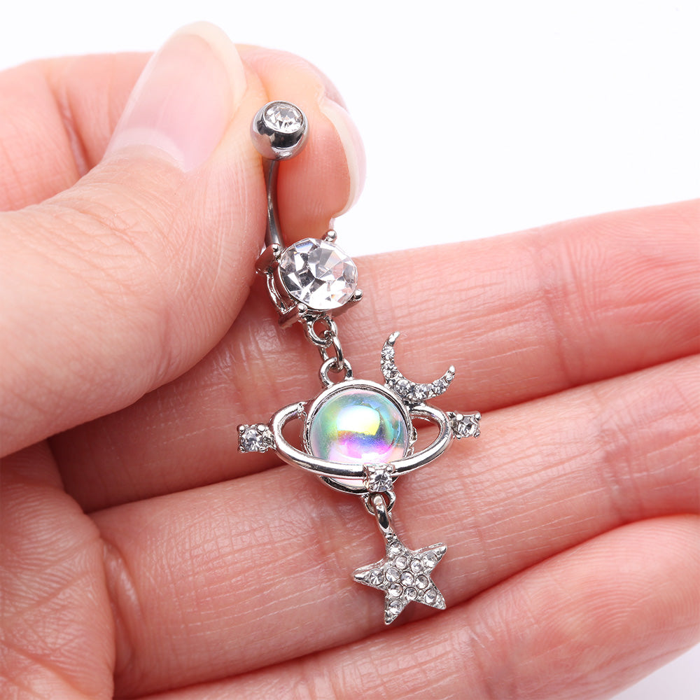 Detail View 3 of Aurora Celestial Sparkle Sun and Moon Orbit Belly Button Ring-Clear Gem