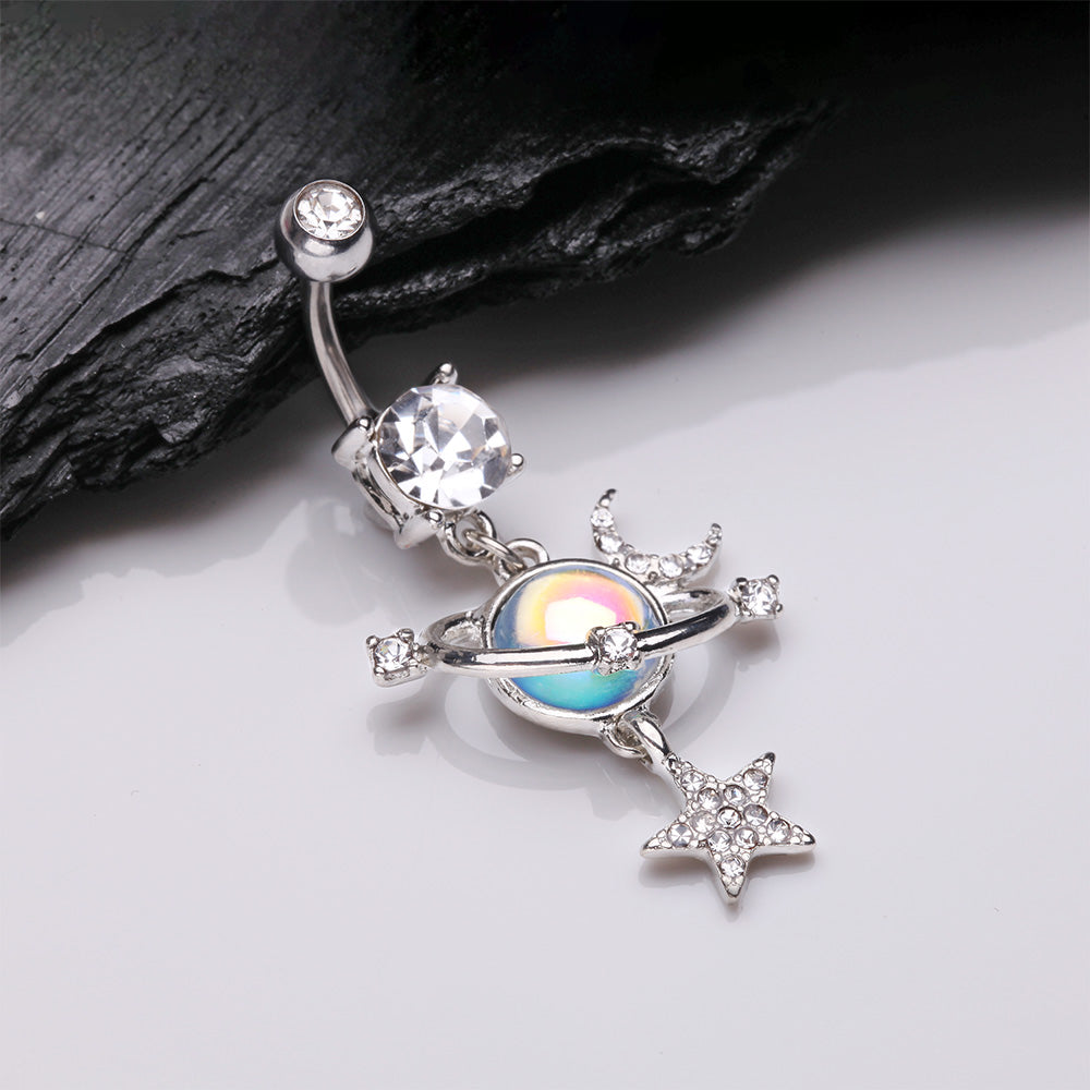 Detail View 2 of Aurora Celestial Sparkle Sun and Moon Orbit Belly Button Ring-Clear Gem