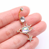 Detail View 3 of Golden Aurora Celestial Sparkle Sun and Moon Orbit Belly Button Ring-Clear Gem