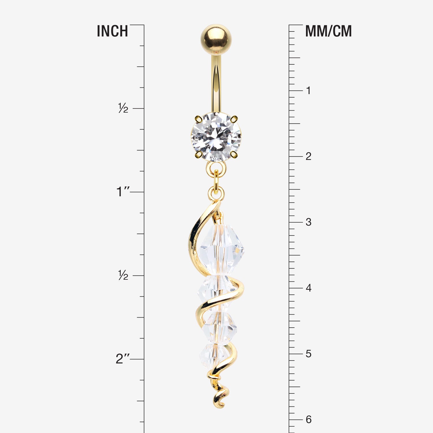 Detail View 1 of Golden Swirly Sparkle Spiral Chandelier Belly Button Ring-Clear Gem