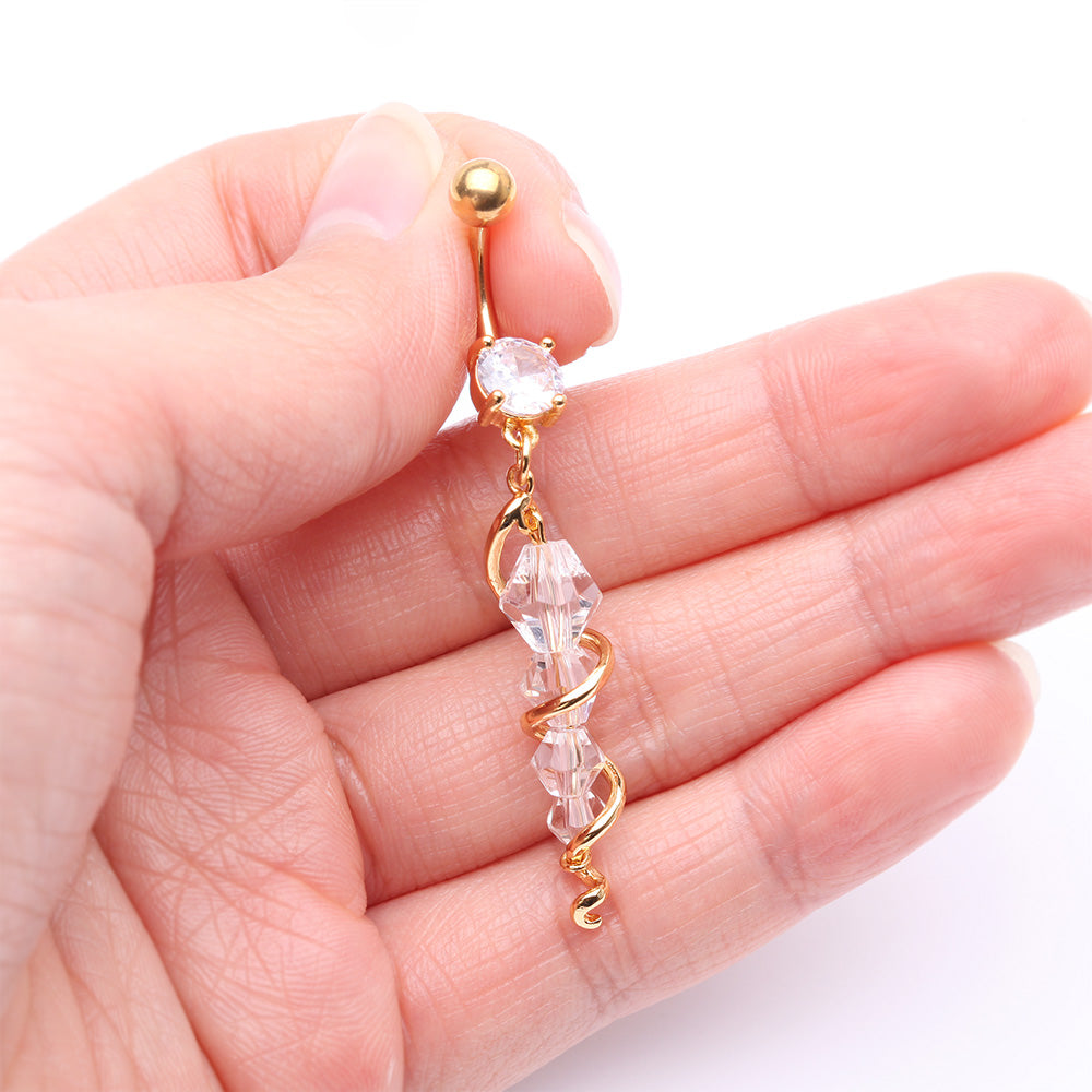 Detail View 3 of Golden Swirly Sparkle Spiral Chandelier Belly Button Ring-Clear Gem