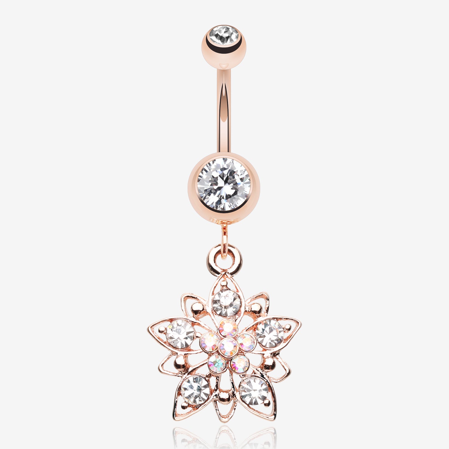 Rose Gold Luscious Flower Sparkle Belly Button Ring-Clear Gem/Aurora Borealis