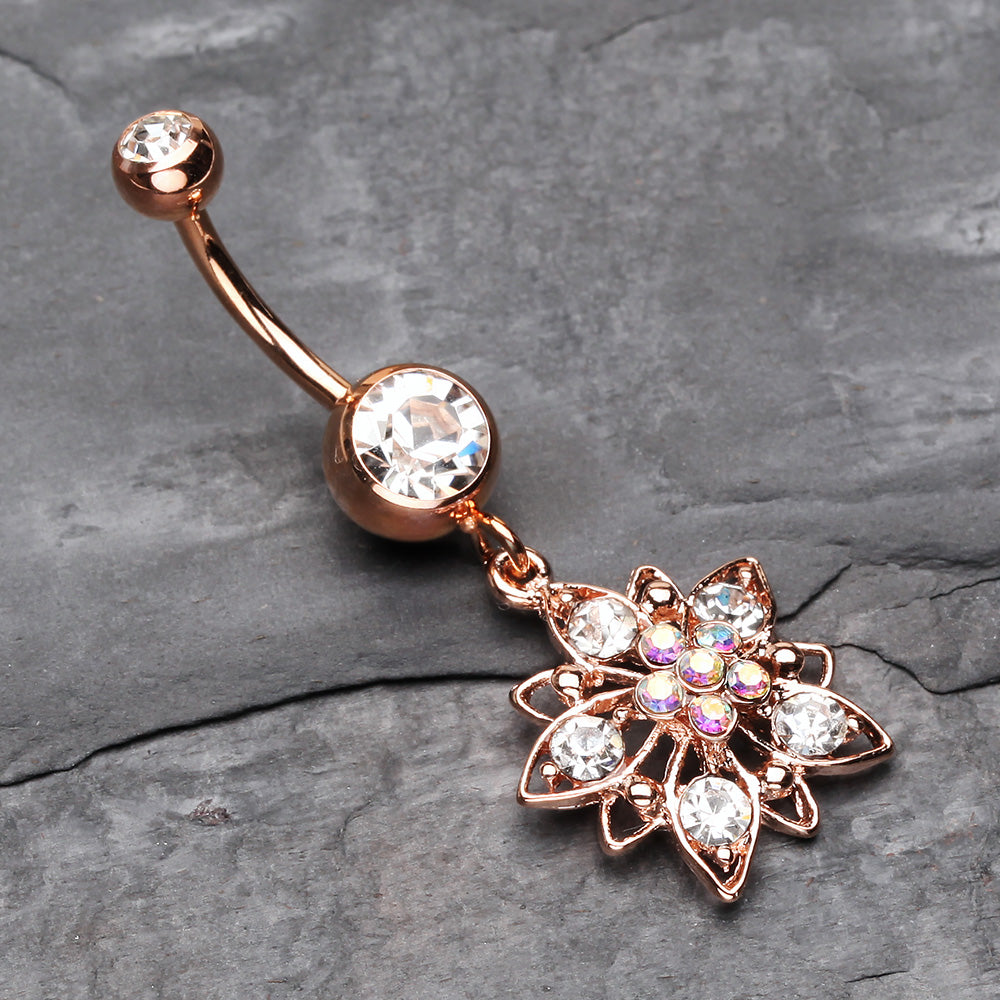 Detail View 2 of Rose Gold Luscious Flower Sparkle Belly Button Ring-Clear Gem/Aurora Borealis