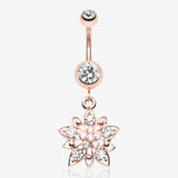 Rose Gold Luscious Flower Sparkle Belly Button Ring-Clear Gem/Aurora Borealis