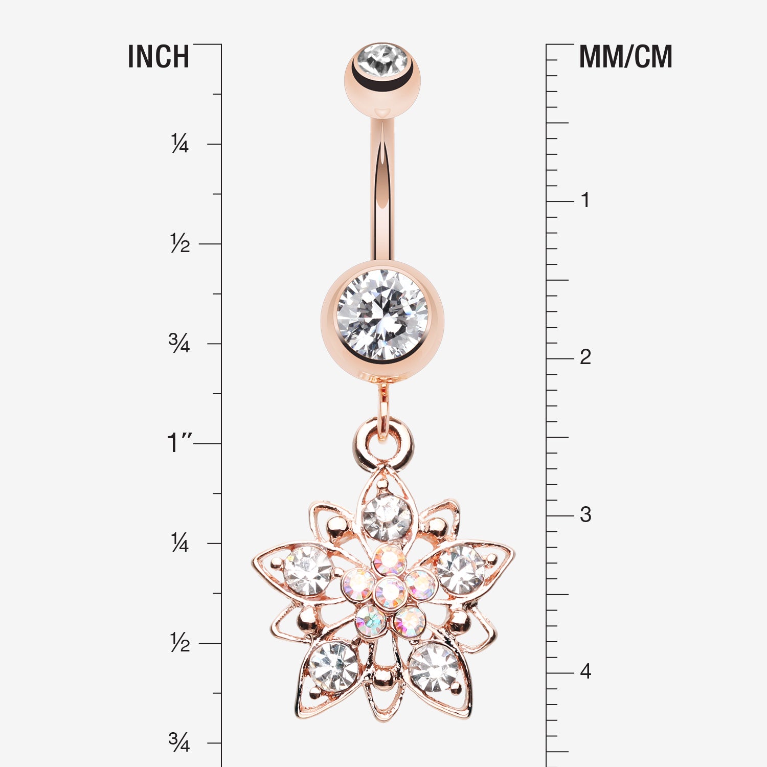 Detail View 1 of Rose Gold Luscious Flower Sparkle Belly Button Ring-Clear Gem/Aurora Borealis