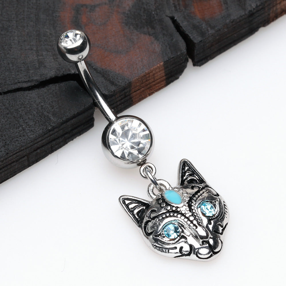 Detail View 2 of Mystique Kitty Cat Sparkle Belly Button Ring-Clear Gem