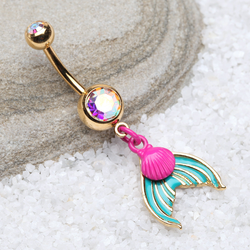 Detail View 2 of Golden Mystic Mermaid Sparkle Belly Button Ring-Aurora Borealis