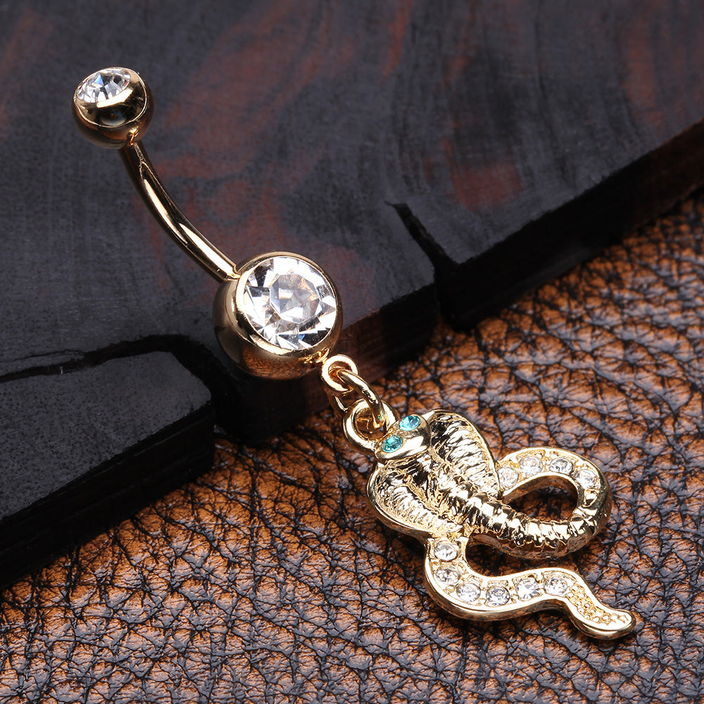 Detail View 2 of Golden Ancient Cobra Snake Sparkle Belly Button Ring-Clear Gem