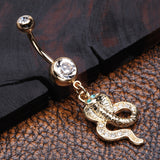 Detail View 2 of Golden Ancient Cobra Snake Sparkle Belly Button Ring-Clear Gem