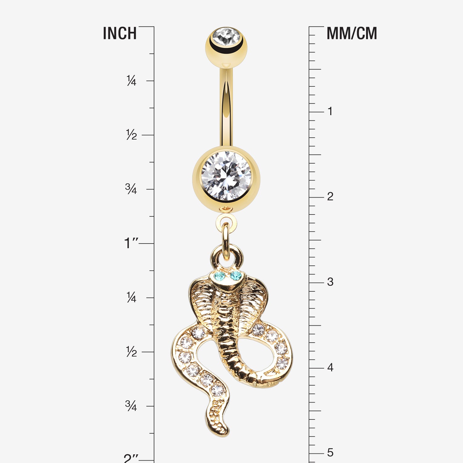 Detail View 1 of Golden Ancient Cobra Snake Sparkle Belly Button Ring-Clear Gem