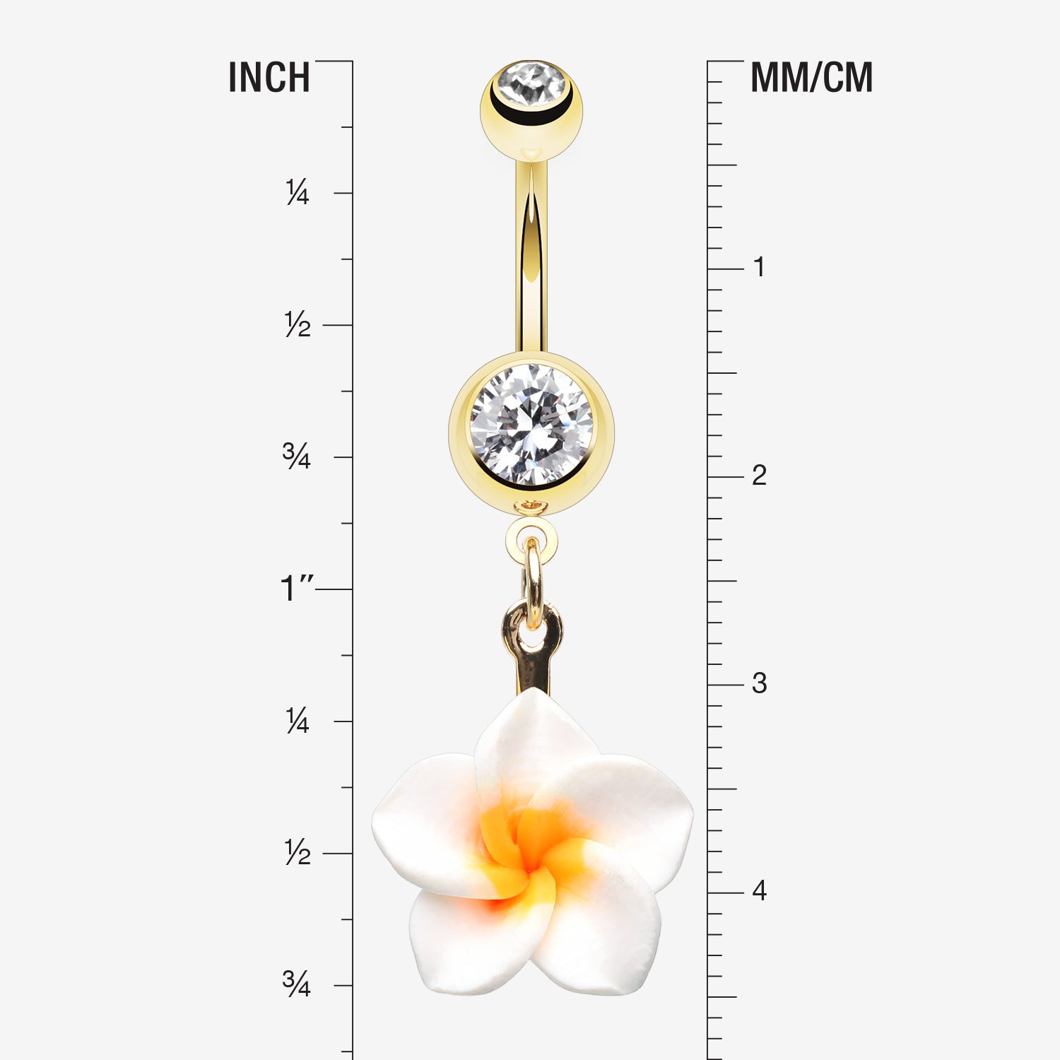 Detail View 1 of Golden Classic Plumeria Flower Belly Button Ring-Clear Gem