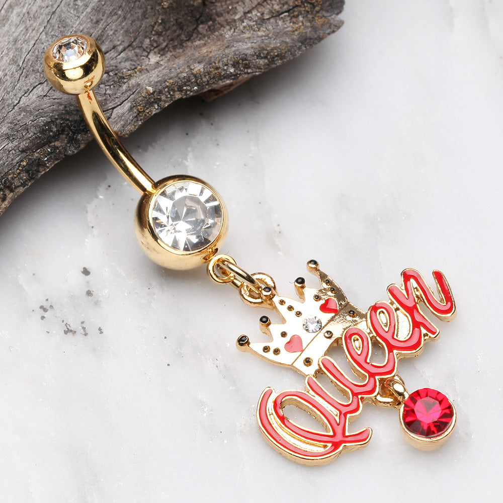 Detail View 2 of Golden Crowned Queen Sparkle Belly Button Ring-Clear Gem/Red