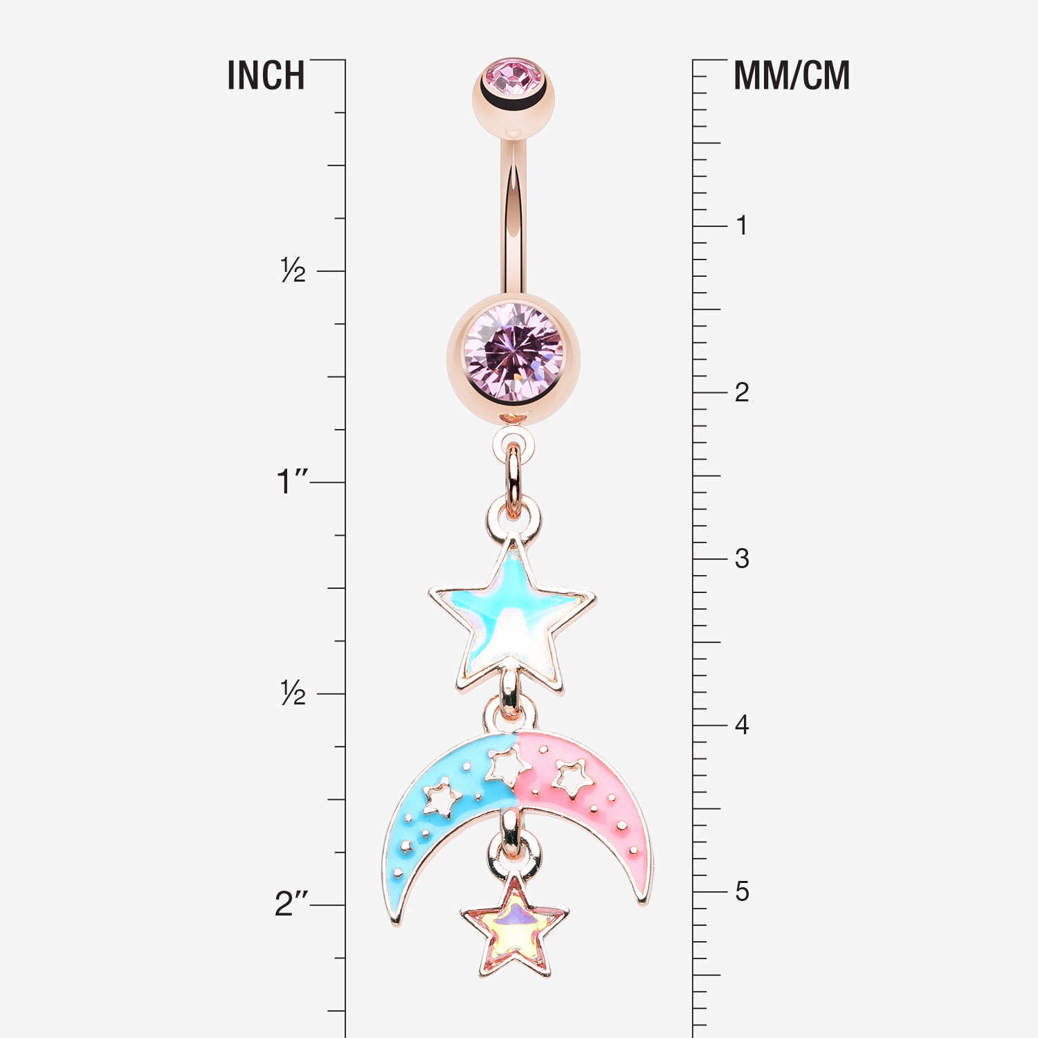 Detail View 1 of Rose Gold Pastel Princess Stars and Moon Belly Button Ring-Light Pink