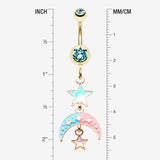 Detail View 1 of Golden Pastel Princess Stars and Moon Belly Button Ring-Aqua